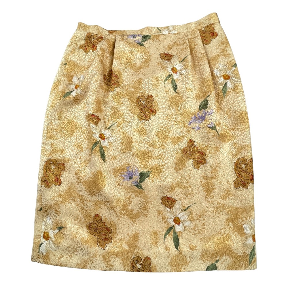 Vintage Gold Silk Metallic Brocade Skirt 14 Floral Paisley Jacquard Knee Length